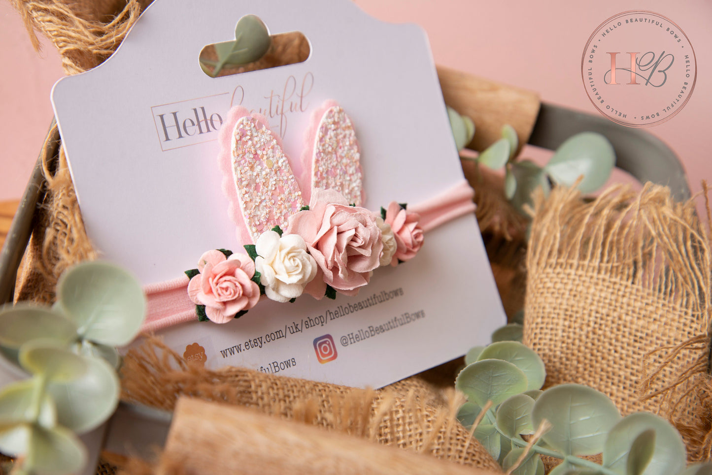 Spring bunny ears headband, Easter bunny headband, pink bunny headband, flower headband
