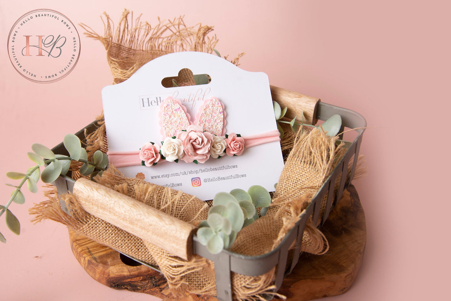 Spring bunny ears headband, Easter bunny headband, pink bunny headband, flower headband