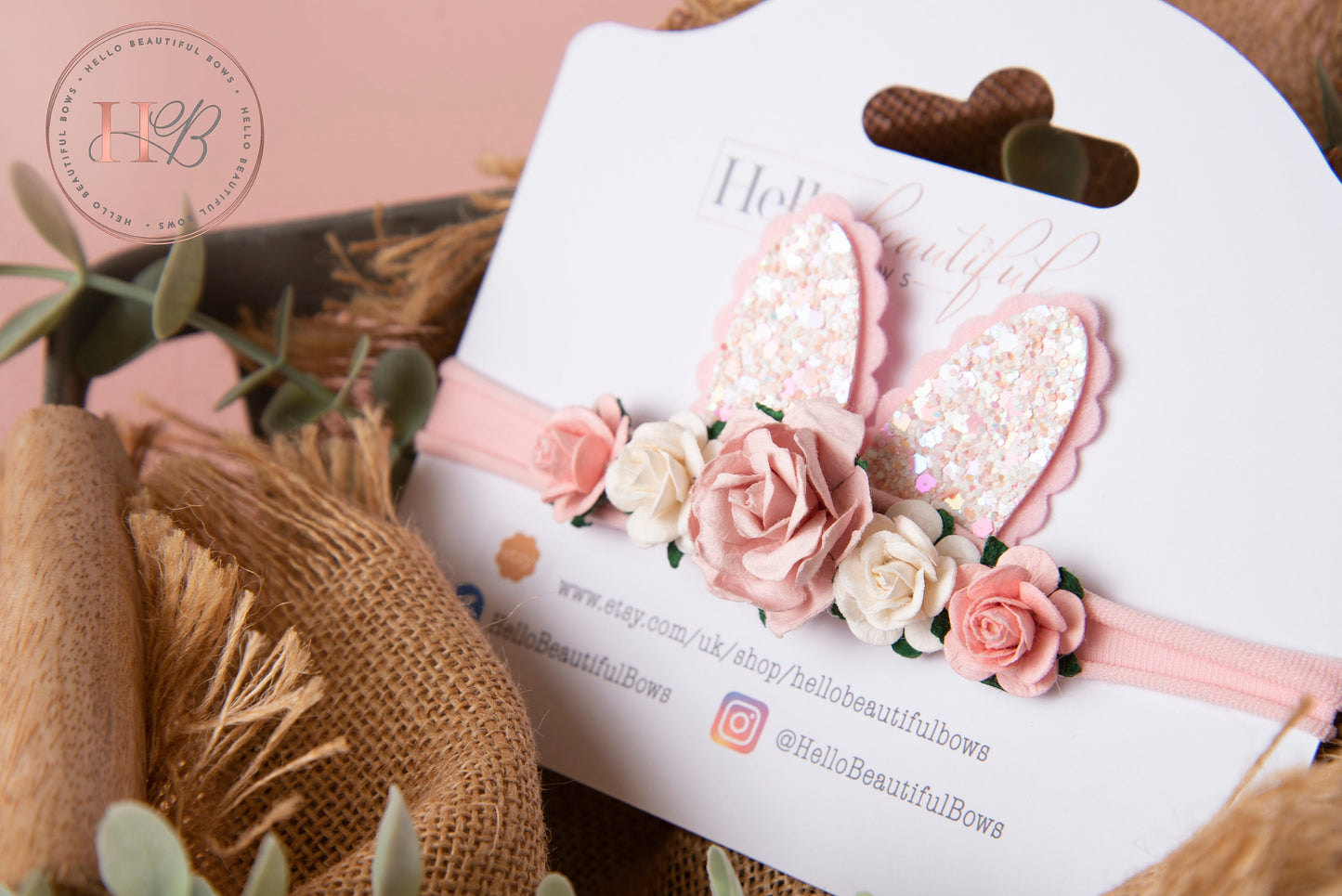 Spring bunny ears headband, Easter bunny headband, pink bunny headband, flower headband