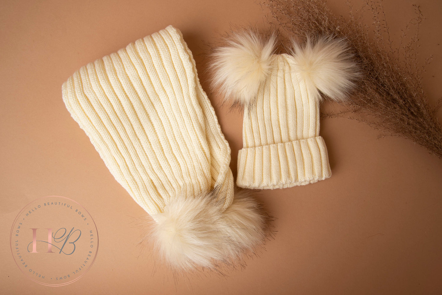 Pom Pom bobble hat and scarf set, knit ribbed hat, baby winter hat, girls winter hat, Pom Pom hats, knit ribbed scarf, cream Pom Pom hat