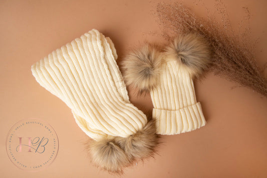 Pom Pom bobble hat and scarf set, knit ribbed hat, baby winter hat, girls winter hat, Pom Pom hats, knit ribbed cream Pom Pom hat