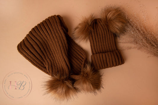 Pom Pom bobble hat and scarf set, knit ribbed hat, baby winter hat, girls winter hat, Pom Pom hats, knit ribbed brown Pom Pom hat