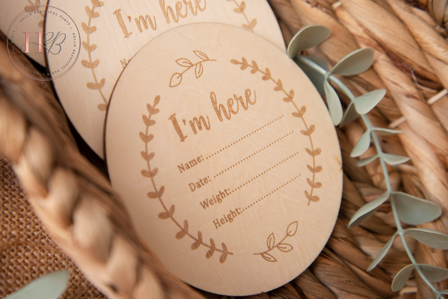 I'm Here Disc, Baby shower gift, Photo prop plaque, baby announcement disc, birth announcement disc, wooden discs