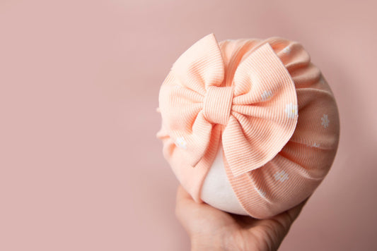 Baby turban, baby hat, baby accessory, baby shower gift, peach turban, baby bow turban, summer turban, ribbed turban, floral turban