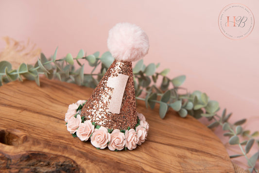 Rose Gold birthday party hat, 1st birthday crown, 2nd birthday crown, Cake smash hat, birthday crown, party hat, first birthday girl,