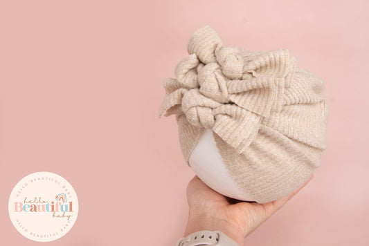 Baby turban, baby hat, baby accessory, baby shower gift, Beige turban, bow turban, ribbed turban